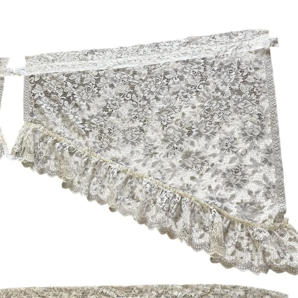 Vintage 4 Panels Burlington Floral Lace Triangle Valances Ruffle Trim Off White